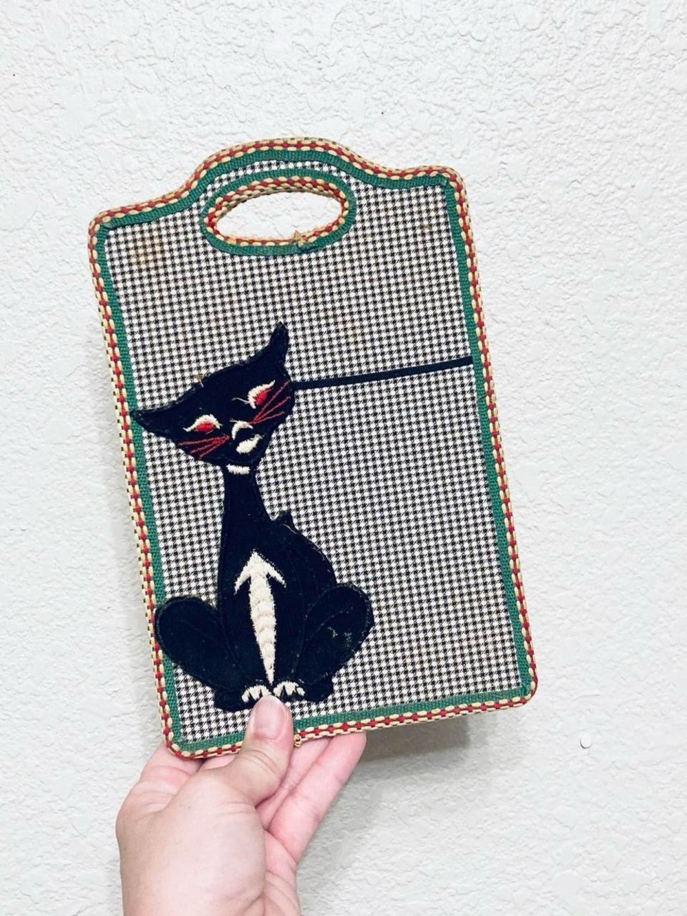 Vintage Retro Mcm Kitschy Kitty Cat Green Red Wall Hanging Decor